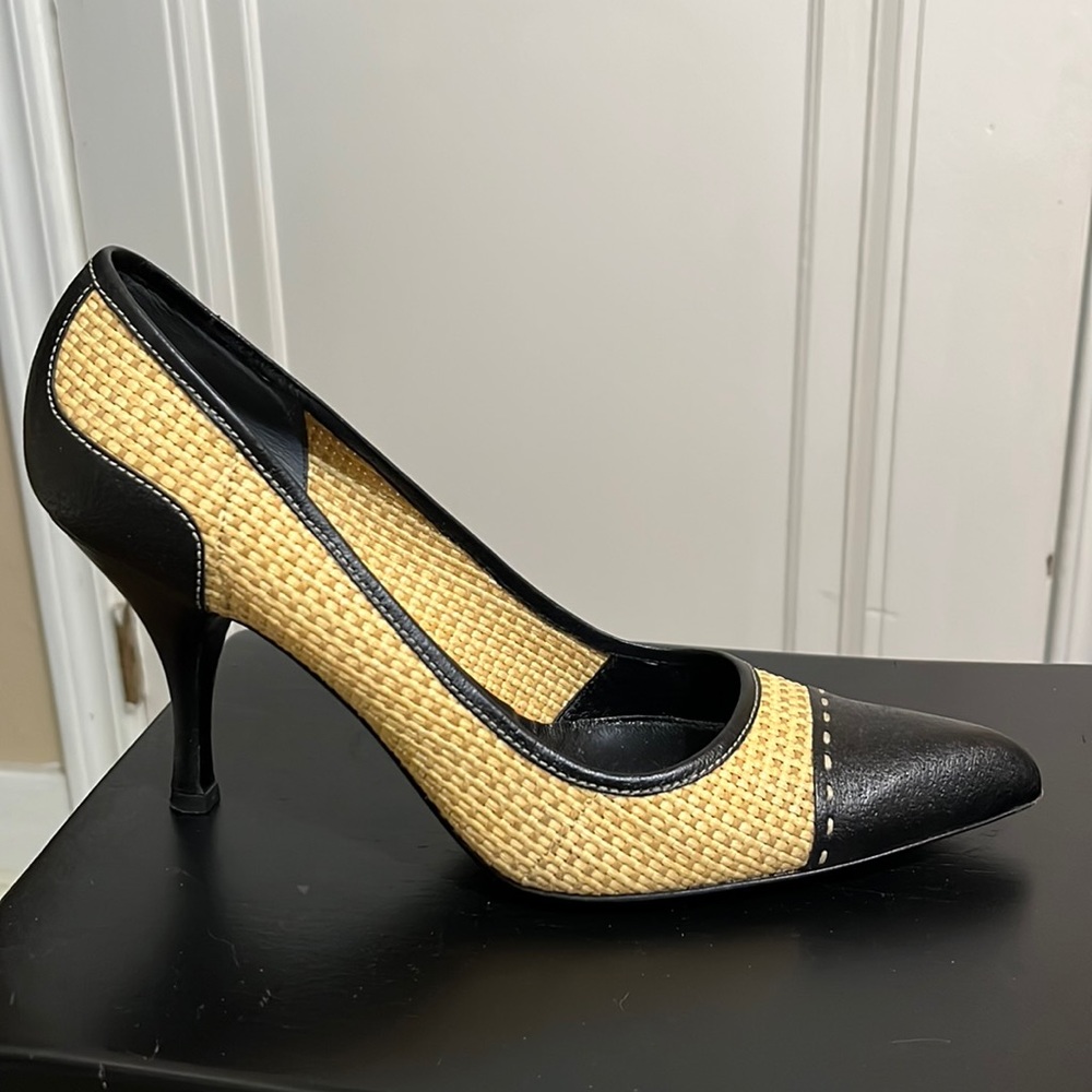 Rattan Prada pumps with topstitched black leather cap toe